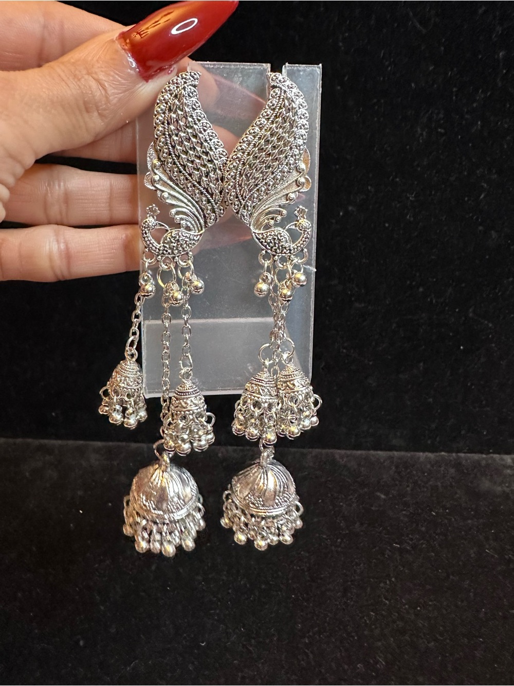 🦚 SILVER-TONE PEACOCK JHUMKA STATEMENT EARRINGS 🦚
